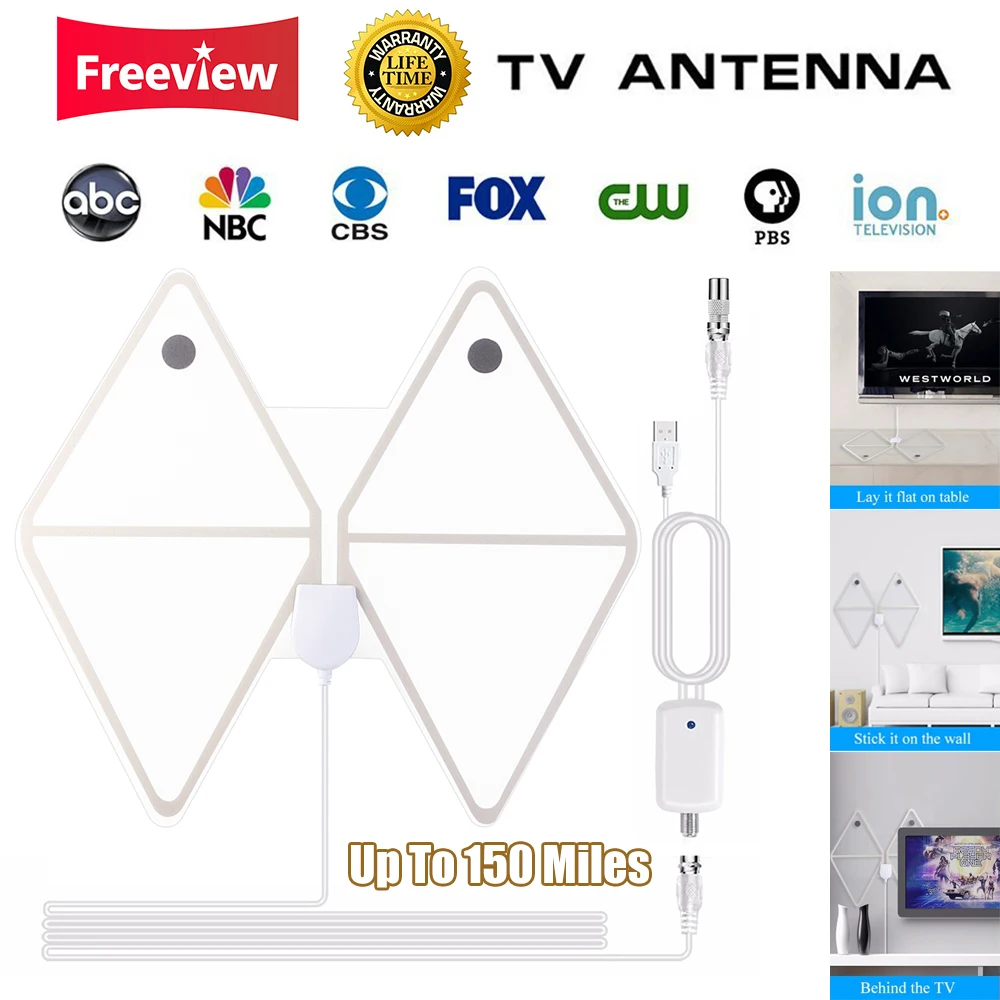 Внутренняя цифровая ТВ Антенна 150 милей УКВ UHF Freeview DVB-T Антенна Усилитель сигнала Усилитель ТВ приемник HDTV tv Fox серфинговые антенны