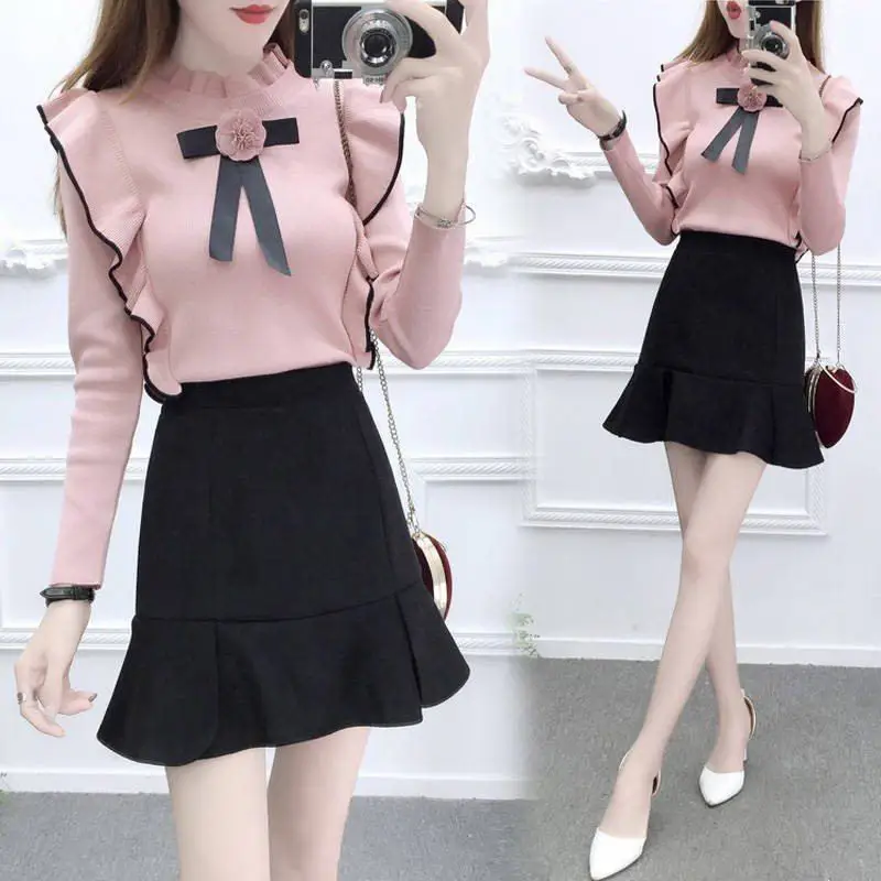 Женский винтажный комплект из 2 предметов свитер с оборками и юбка F74| |