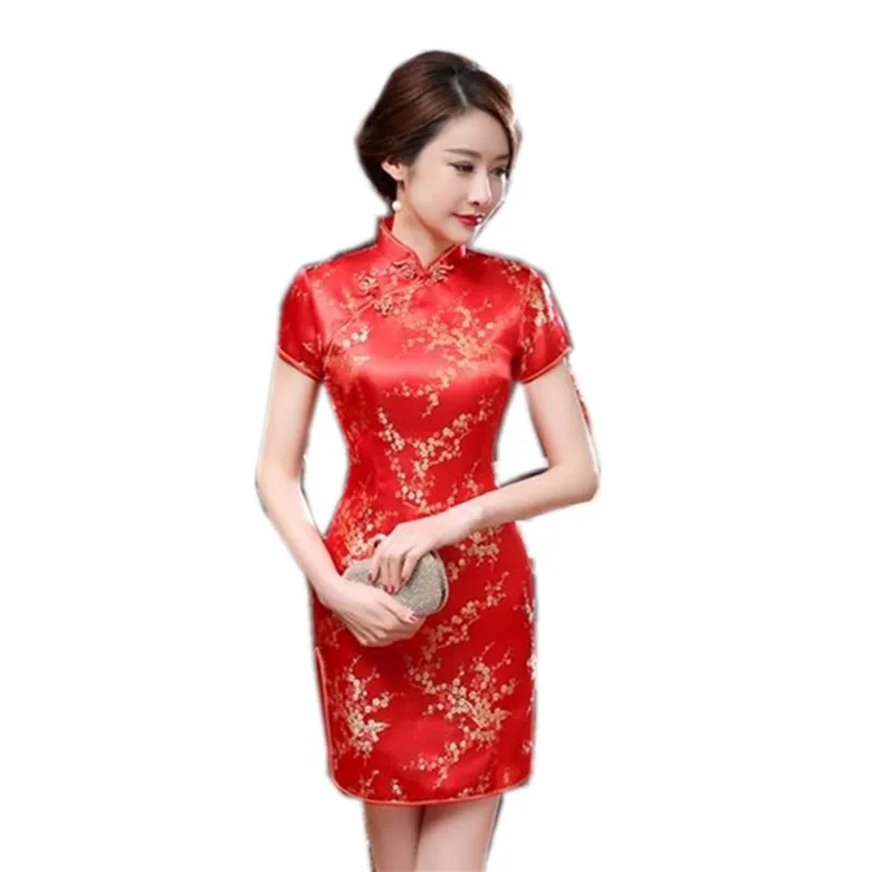 

2017 New Red Chinese Women Traditional Dress Silk Satin Cheongsam Mini Sexy Qipao Flower Wedding Dress Size S - 6XL