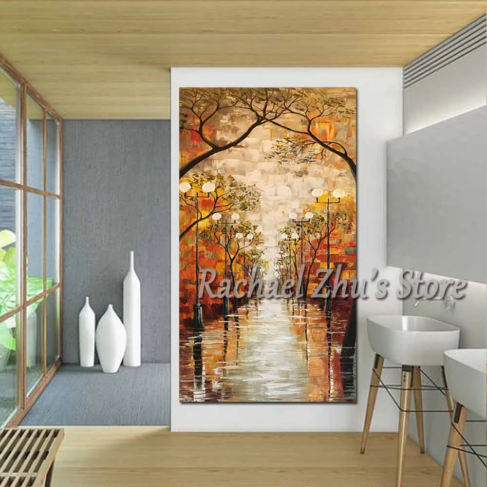 

Hand Painted Abstract Palette Knife Lamp Oil Painting On Canvas Tree Landscape Wall Picture Living Room Bedroom Home Wall Decor