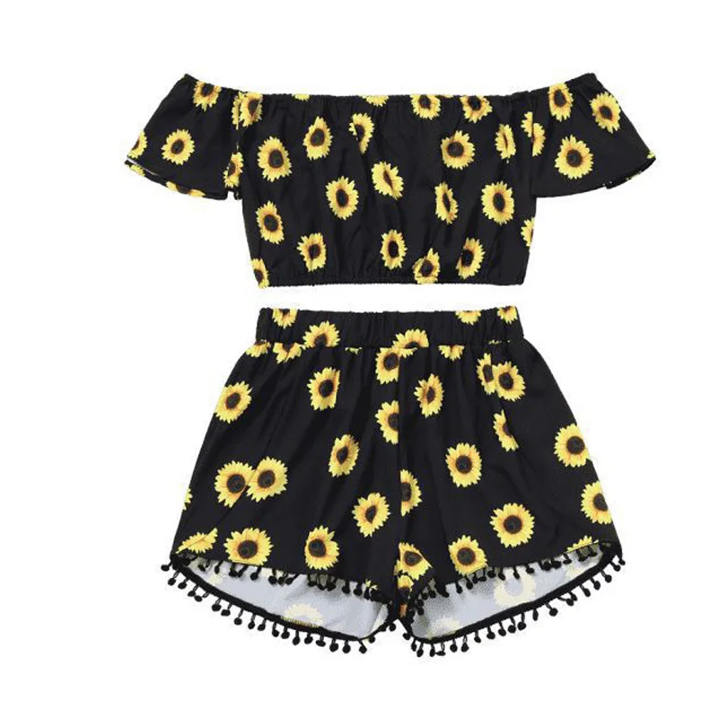 New 2020 Summer Female Sunflower Print One Shoulder Short Jacket Floral Slash Neck Tassel Shorts Women Suit WS127 |