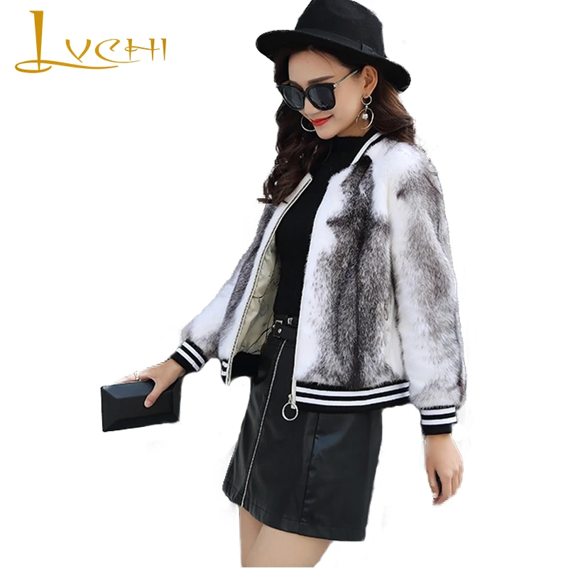 

LVCHI Winter Long Sleeve Striped Cross Mink Coat Real Fur Import Swan Velvet Natural Fur O-Neck Slim Women's Short Mink Coats