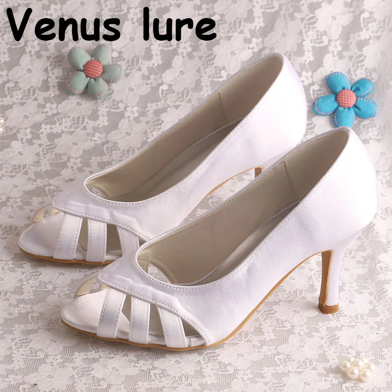 Ivory White Peep Toe Bridal Shoes Wedding High Heeled Satin Women Pumps