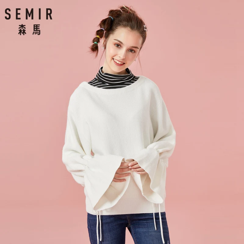 SEMIR Women Fine Knit Sweater with Drawstring Trumpet Sleeve Womens Pullover Ribbing at Neckline Cuff and Hem for Winter | Женская