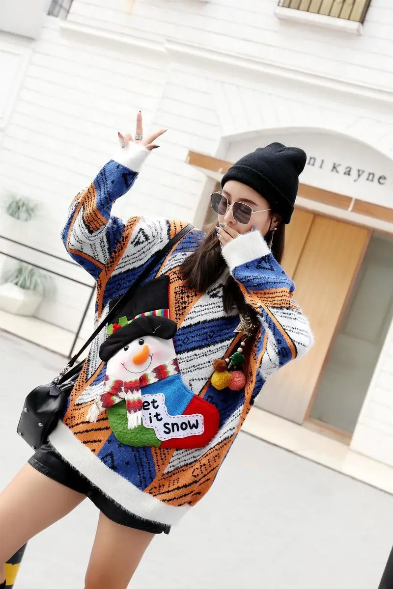 Популярной расцветки свободный мохер Рождественский свитер 2018 зимний Снеговик