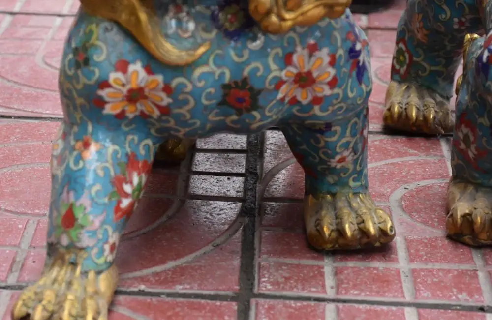 52 см Cloisonne бронза 24K золото позолоченный собака Фу Собака Guardion Лев Пара статуй