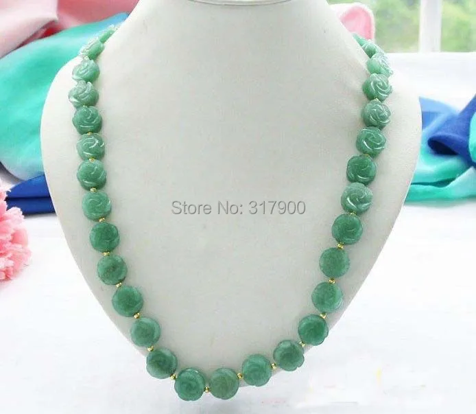 Beautiful 24&quot 14mm Hand-carved flower green jade bead necklace | Украшения и аксессуары