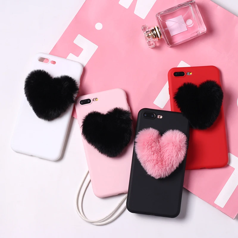 

Lover Fluffy Fur Heart Pom Pom Soft Candy Matte Phone Case Fundas For iPhone 11 Pro Max 6S 5S SE 8 8Plus X XS Max 7 7Plus