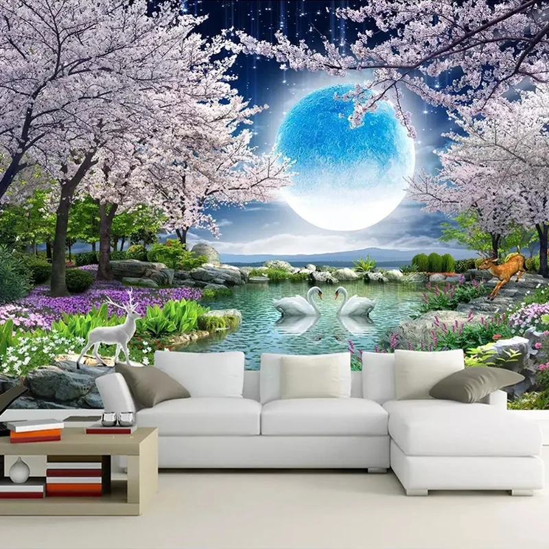 Пользовательские 3D обои Moon Cherry Blossom настенный пейзаж с деревом водостойкая