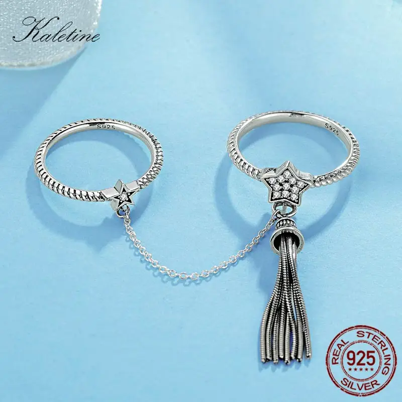 KALETINE кисточкой кольцо стерлингового серебра 925 Две звезды с цепи ссылка