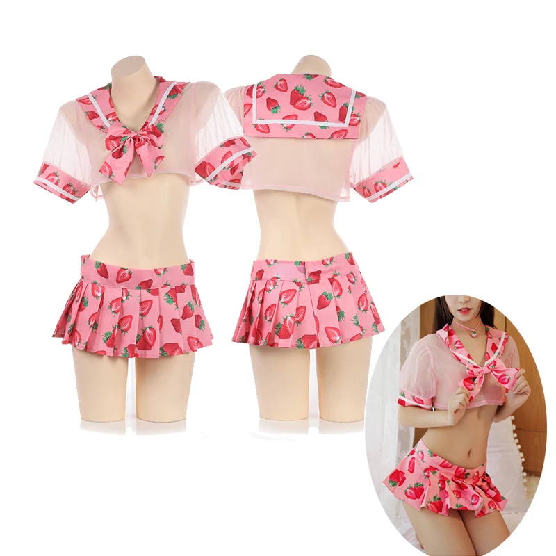 

Kwaii Strawberry transparent Bra Panty Underwear Sleepwear Japanese Sexy Lolita Girl Lingerie Intimates Sailor uniform 4pieces