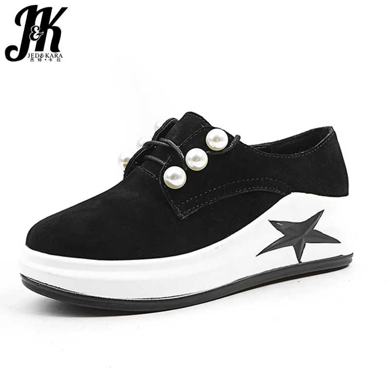 JK 2018 New Fashion Casual Women Flats Lace Up Wedges Pearl Round Toe Footwear Spring Platform Flock Ladies Elevator Shoes | Обувь