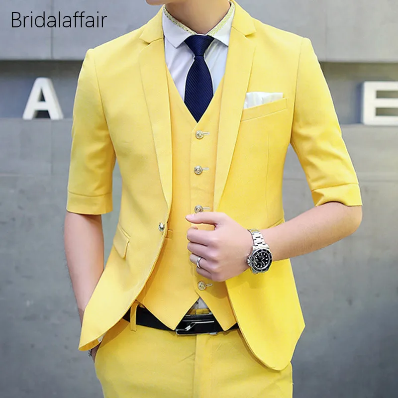 KUSON Men Suit Set Short Sleeves Blazer Yellow Tuxedo Slim Fit Suits for Wedding Prom 3Pcs Mens Formal (Jacket+Pants+Vest) | - Фото №1