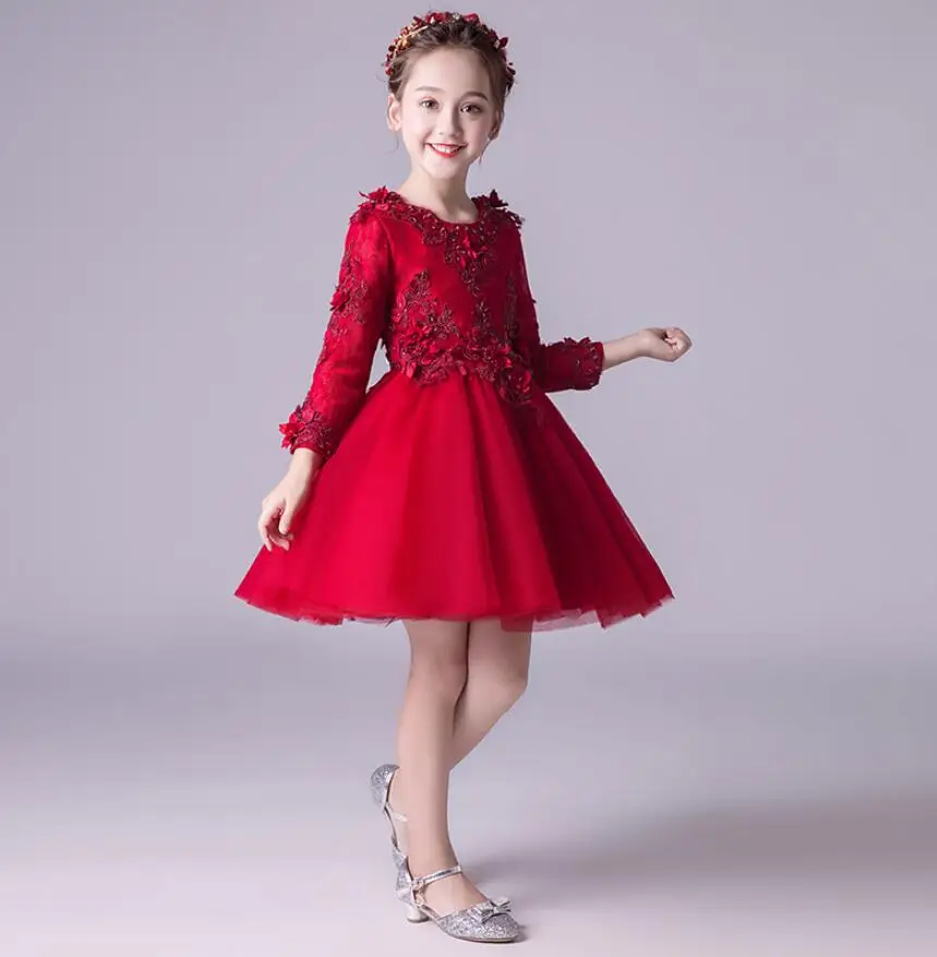 Kids Girl Dress Red Tulle Appliques Flower Party Ball Gown Prom Long Sleeve Kid Princess Wedding First Communion | Детская одежда и