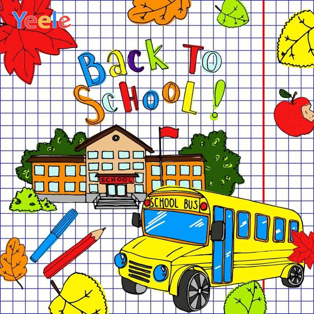 Фон для фотосъемки с изображением кленовых листьев и школьного автобуса|Фон