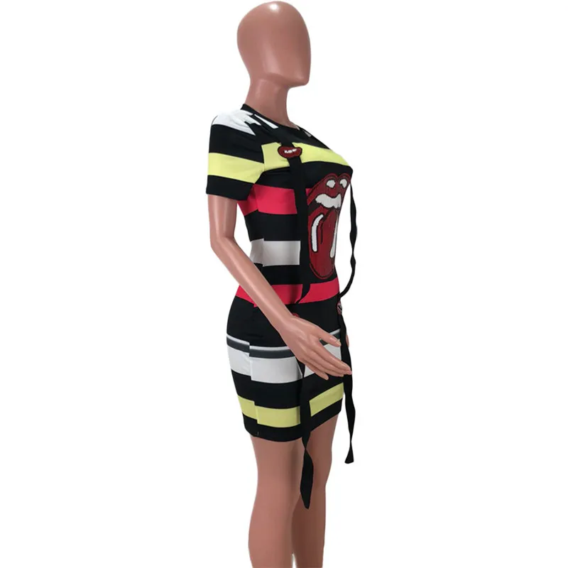 Summer Red Lips Sequin T Shirt Dress Women O Neck Short Sleeve Print Striped Mini Sheath Casual Everyday Vestidos | Женская одежда