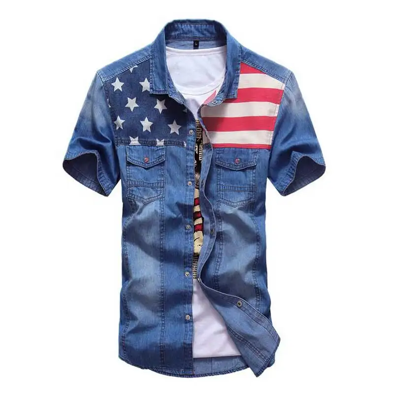 

Men Fashion Denim Blouse Shirts Slim Fit Casual Dress Shirts Brand Clothing Camisa Masculina Short Sleeve Jeans Shirts XXXL