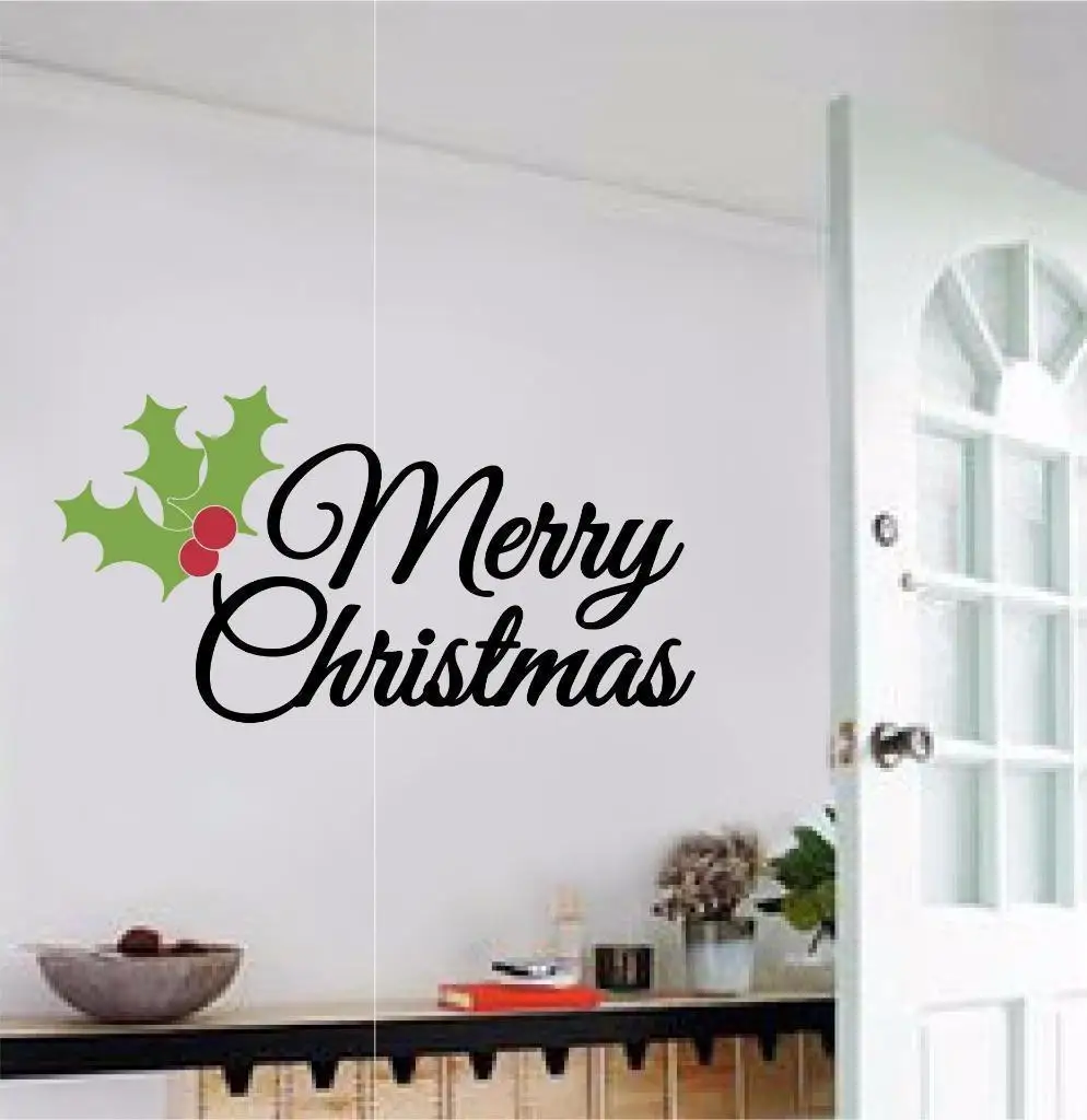 Рождество настенная с Холли Листья стены Стикеры Домашний Декор Merry цитаты