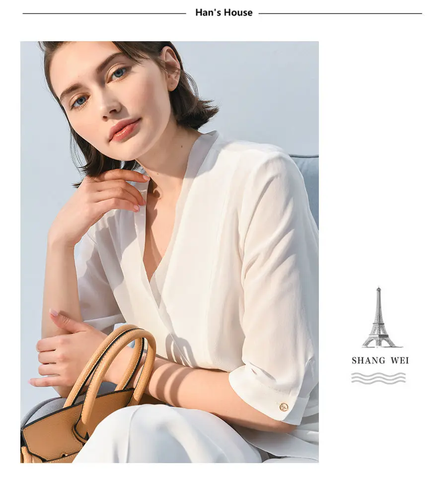 Heavy Silk Blouse V Neck 2 Colors Solid Womens Half Sleeve High Quality Loose Silk Blouses Casual New Fashion