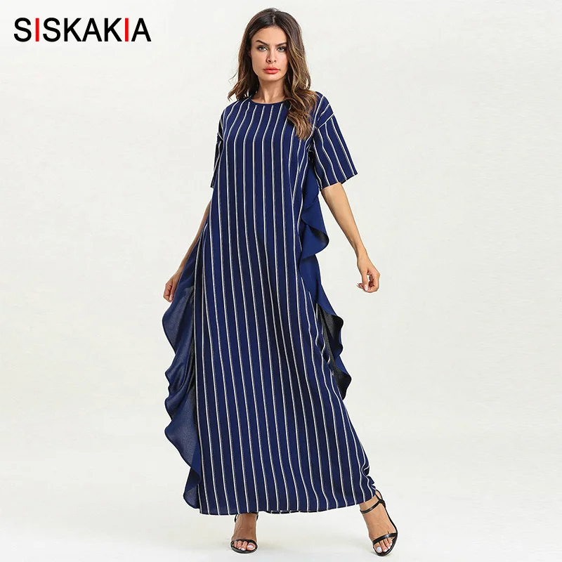 Navy blue dress Siskakia Лето женское повседневное длинное платье с вертикальными полосками и оборками в стиле пэчворк Макси платья Рамадан с коротким рукавом синего цвета - Цвет: Navy blue dress