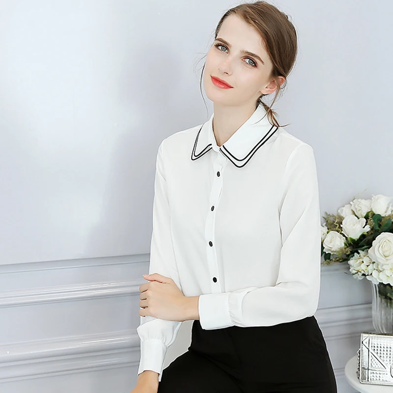 TANGNEST Women Peter Pan Collar OL Shirts 2018 Spring Summer Chiffon Casual Button Long Sleeve Tops |