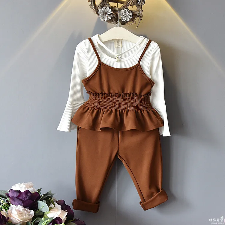 

2017 Autumn Korean Children's Suits 3pcs Cotton White T Shirt+Harness Vest +casual Pants Flare Sleeves Tops Tees Baby Infant Set