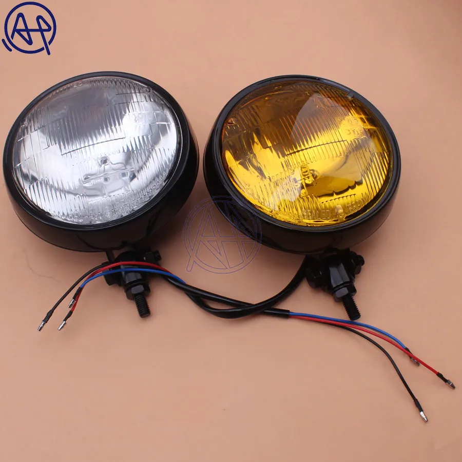 Motorcycle Black/Chrome Old School Vintage Metal Retro Front Hi-Lo H4 Headlight Clear/Amber Lens For Harley Chopper Honda Yamaha |