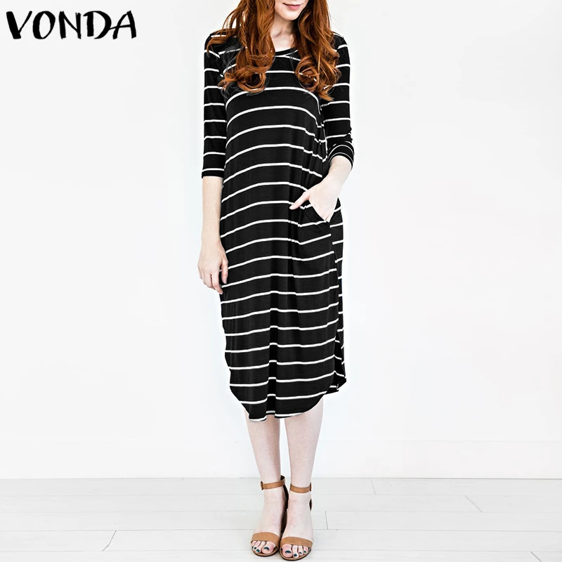 Black VONDA, женское платье в полоску, весна-осень, повседневное, свободное, рукав 3/4, о-образный вырез, карманы, асимметричное, Сплит, до середины икры размера плюс, Vestidos - Цвет: Black