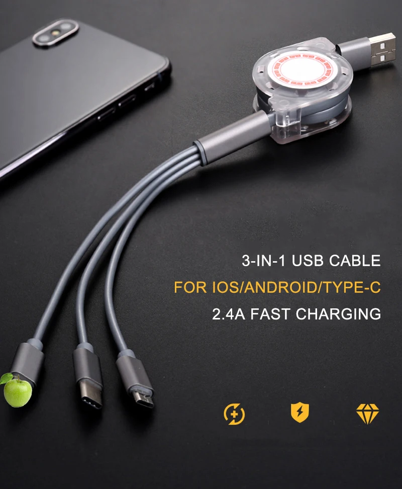 3 в 1 USB кабель 2.4A Быстрая зарядка кабель Регулируемый для iPhone 8 7 6 Android Micro USB кабель для lightning Тип usb C Mobile