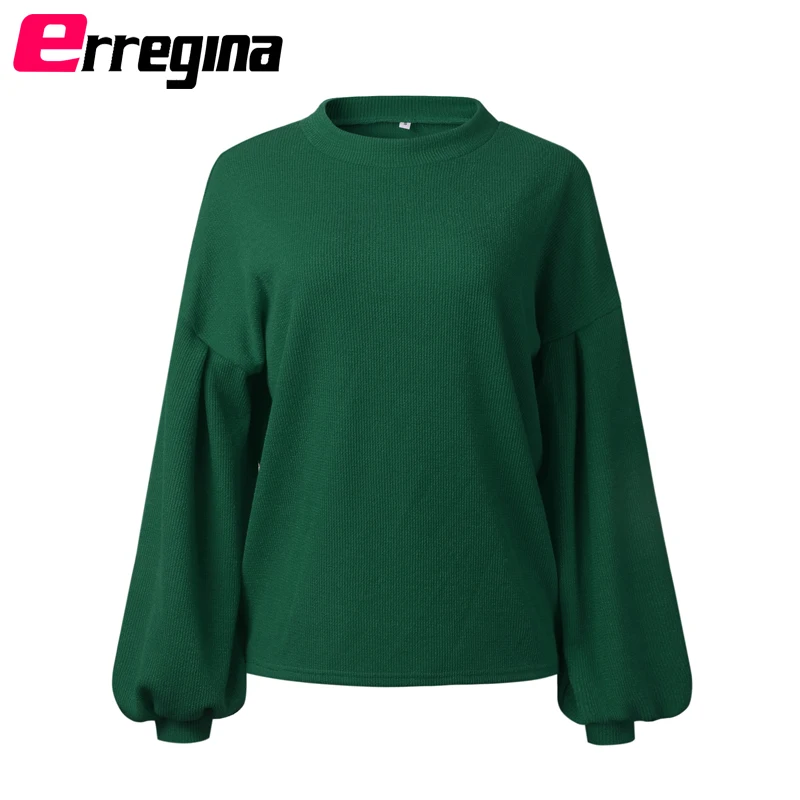 Erregina Women's Loose Long Lantern Sleeve Round Neck Fashion Pullover Autumn Winter Knitted Solid Sweater Tops Ladies | Женская