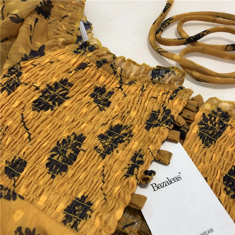Bazaleas 2019 летнее платье с коротким рукавом желтое цветочное печатное женское