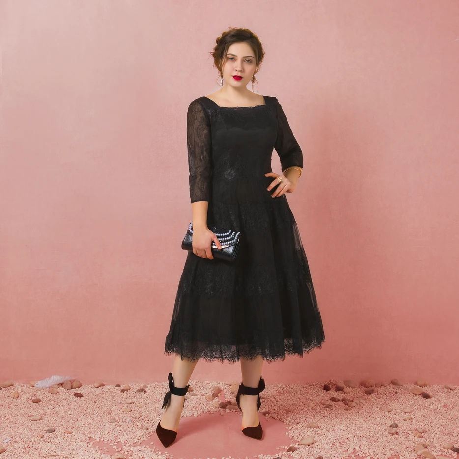 JaneVini Vestidos Plus Size Mother Of The Bride Dresses A Line Black Lace Tea-Length Vintage Long Evening Gowns For Wedding 2018 | Свадьбы и
