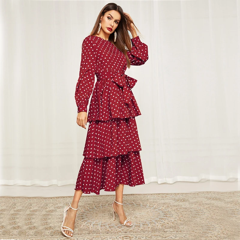 Sheinside, платье в горошек, с поясом, с многослойным подолом, женское,, элегантное, с рукавом Бишоп, платья, облегающее и расклешенное, многослойное, макси платье