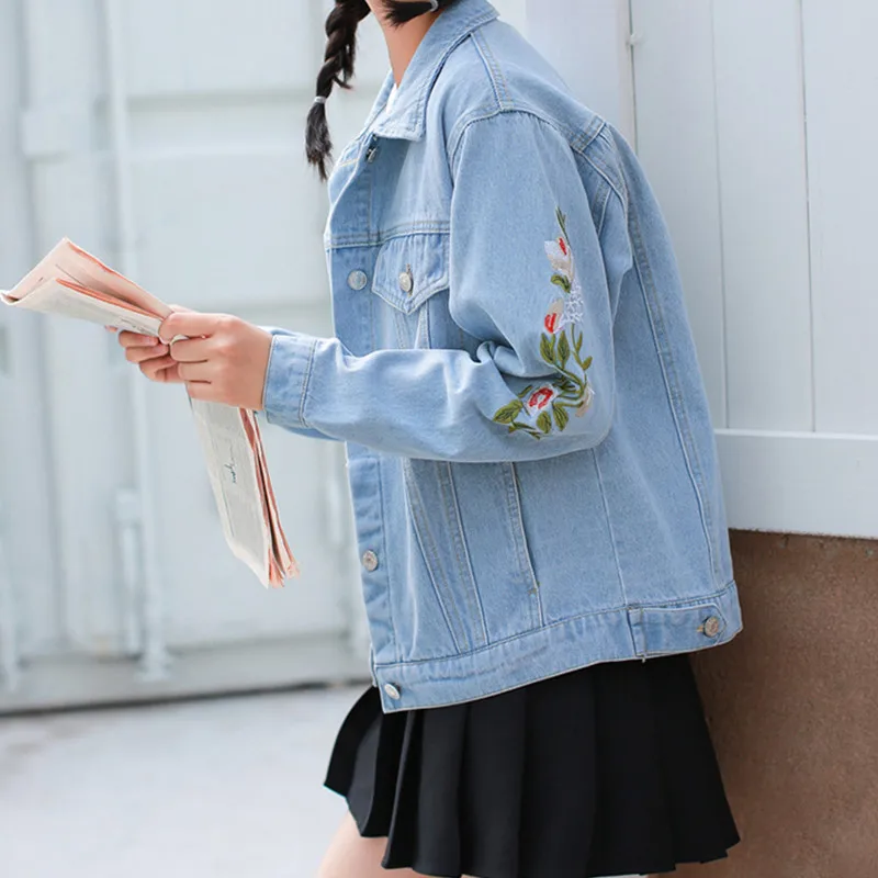 Джинсовый жакет Женский Демисезонный вышивка корейский Свободный дикий BF ветер
