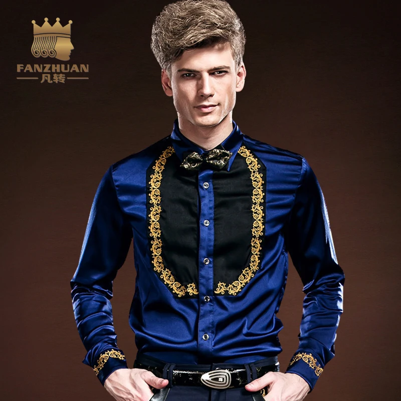FANZHUAN,, модная мужская гавайская рубашка с длинным рукавом, Мужская Осенняя приталенная рубашка, Цветочная вышивка, пэчворк, синяя рубашка, костюмы