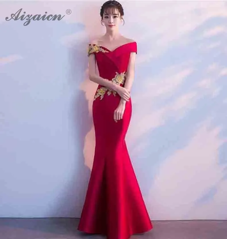Модное платье без бретелек с вышивкой Cheongsam Красное длинное платье с хвостом русалки для Женщин Китайское свадебное платье халат Qi Pao хлопок