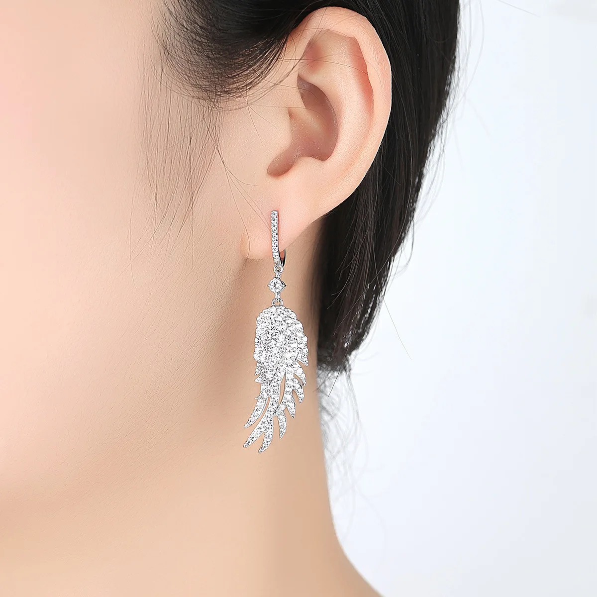 2019 Elegant Evening Dinner Party Jewelry Full Cubic Zirconia Silver Long Feather Dangle Earrings For Women Wedding | Украшения и