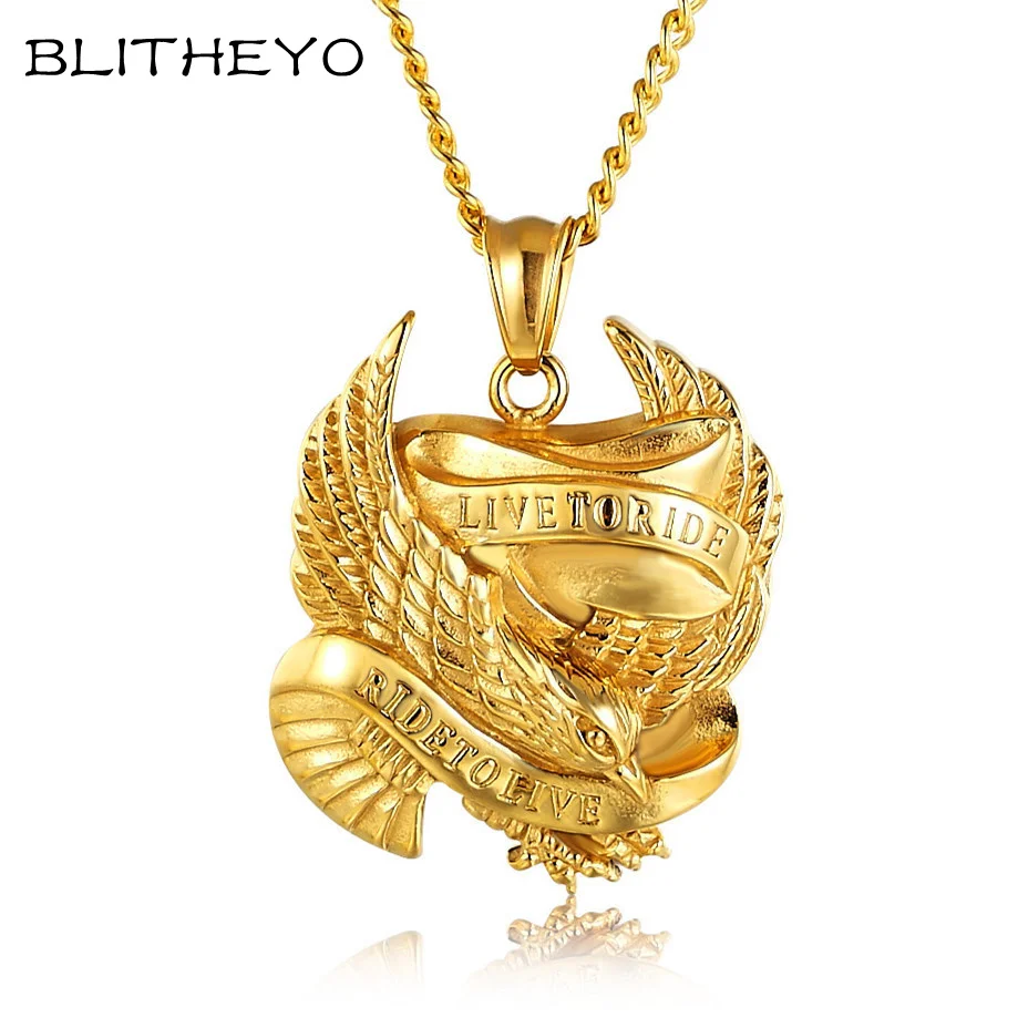 BLITHEYO Titanium Ride to Live Engrave Eagle Necklace Stainless Steel Retro Punk Rock Pendant Hip Hop Motorcycle Jewel | Украшения и