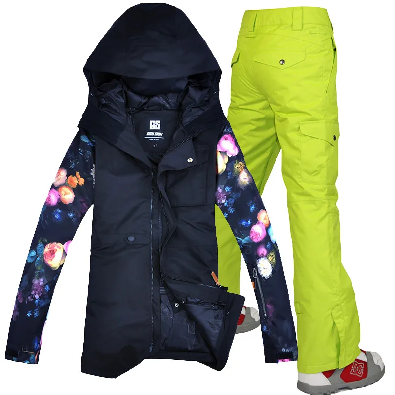 light green pants Gsou зимняя куртка для женщин, лыжный костюм, женская зимняя куртка и штаны, ветрозащитная водонепроницаемая цветная одежда - Цвет: light green pants