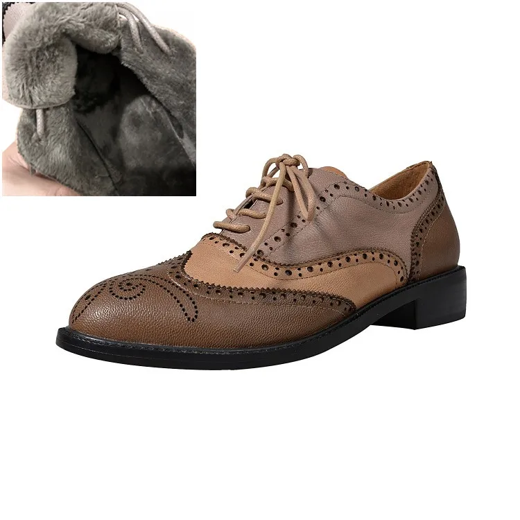 Brown Winter PXELENA/; броги ручной работы; женские оксфорды из натуральной кожи; женские туфли в британском стиле Дерби на шнуровке; сезон осень-зима - Цвет: Brown Winter