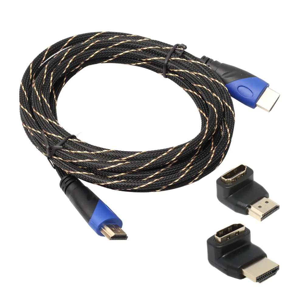 REXLIS высокое качество плетеный кабель HDMI 0,5 m 1 м 3 м 5 м 10 м 15 м Плетеный HDMI кабель+ 2 Угловые адаптер V1.4 HD 3D