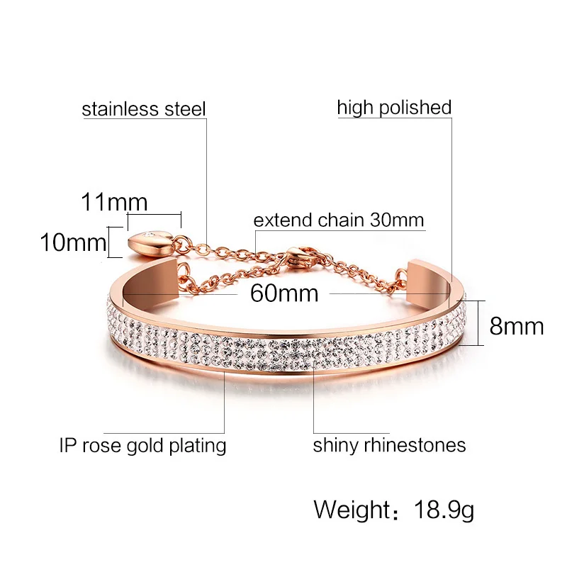 Vnox Elegant Rose Gold Color Crystal Rows Cuff Bangle for Women Charm Bracelet Stainless Steel Adjustable Wedding Party Jewelry | Украшения