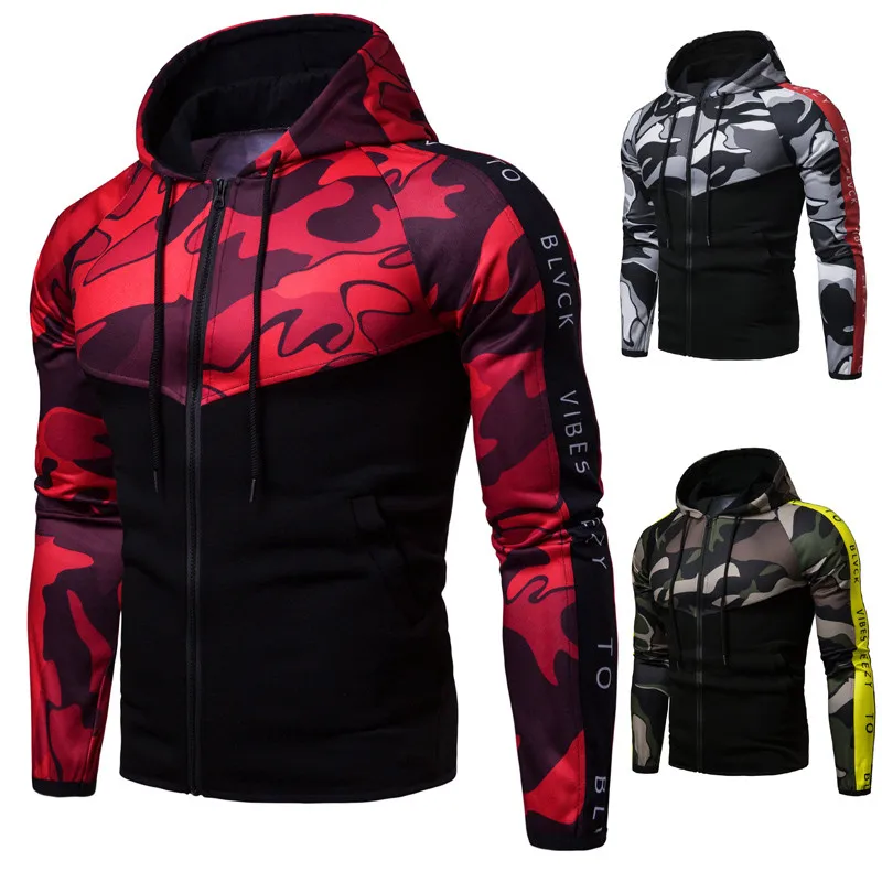 2019 New Arrival Mens Fashion Spring Camouflage Patchwork Hoodies Zipper Cardigan Sweatshirts Slim Fit Sportswear Plus Size | Мужская
