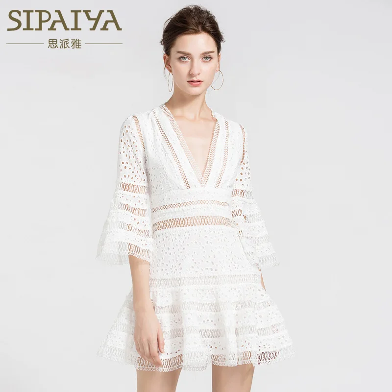 

New style European American slim V collar sleeve retro hollow short embroidered and high waist dress.