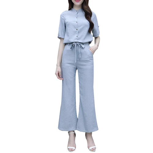 Женский офисный костюм в полоску повседневный серый комплект из топа и брюк