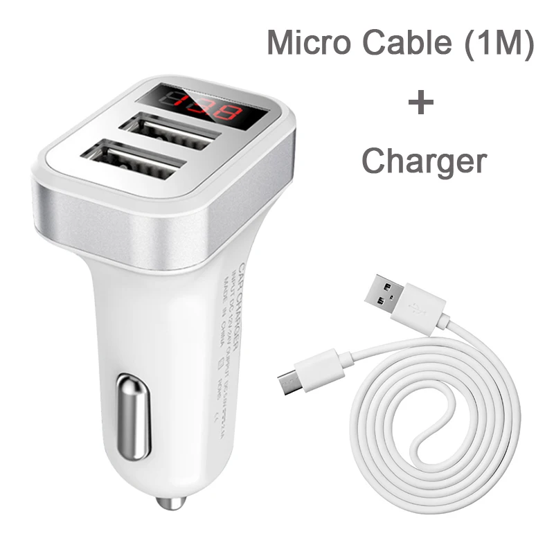 silver micro cable Двойное автомобильное зарядное устройство USB для Huawei Mate 10 Lite 7 8 9 pro p smart honor 7x 6x мобильное зарядное устройство для телефона для путешествий прикуриватель автомобильное зарядное устройство - Цвет: silver micro cable