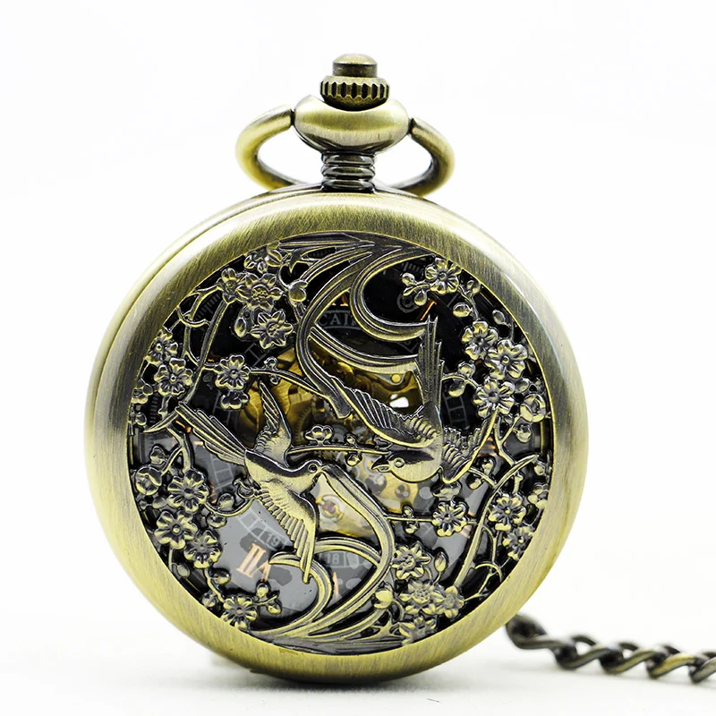 Antique Flying Bird Couple Hollow Relief Mechanical Pocket Watch Vintage Gentleman Style Accessories Pendant Necklace Clock