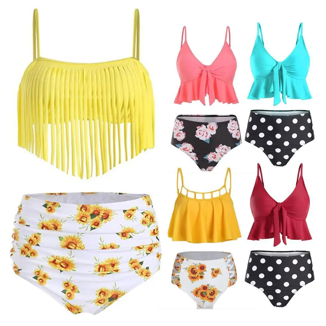 Women Print Fashion Ruffle High Waisted Bikini Bottom Sleeveless Tankini Set V Neck Casual Swimwear |