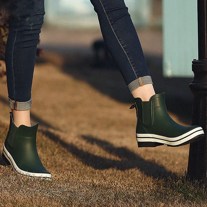

Women Rain Boots Ankle Chunky Heels Boots Black Blue Women Fashion Rubber Boots Waterproof Female Footwear Ladies Shoes