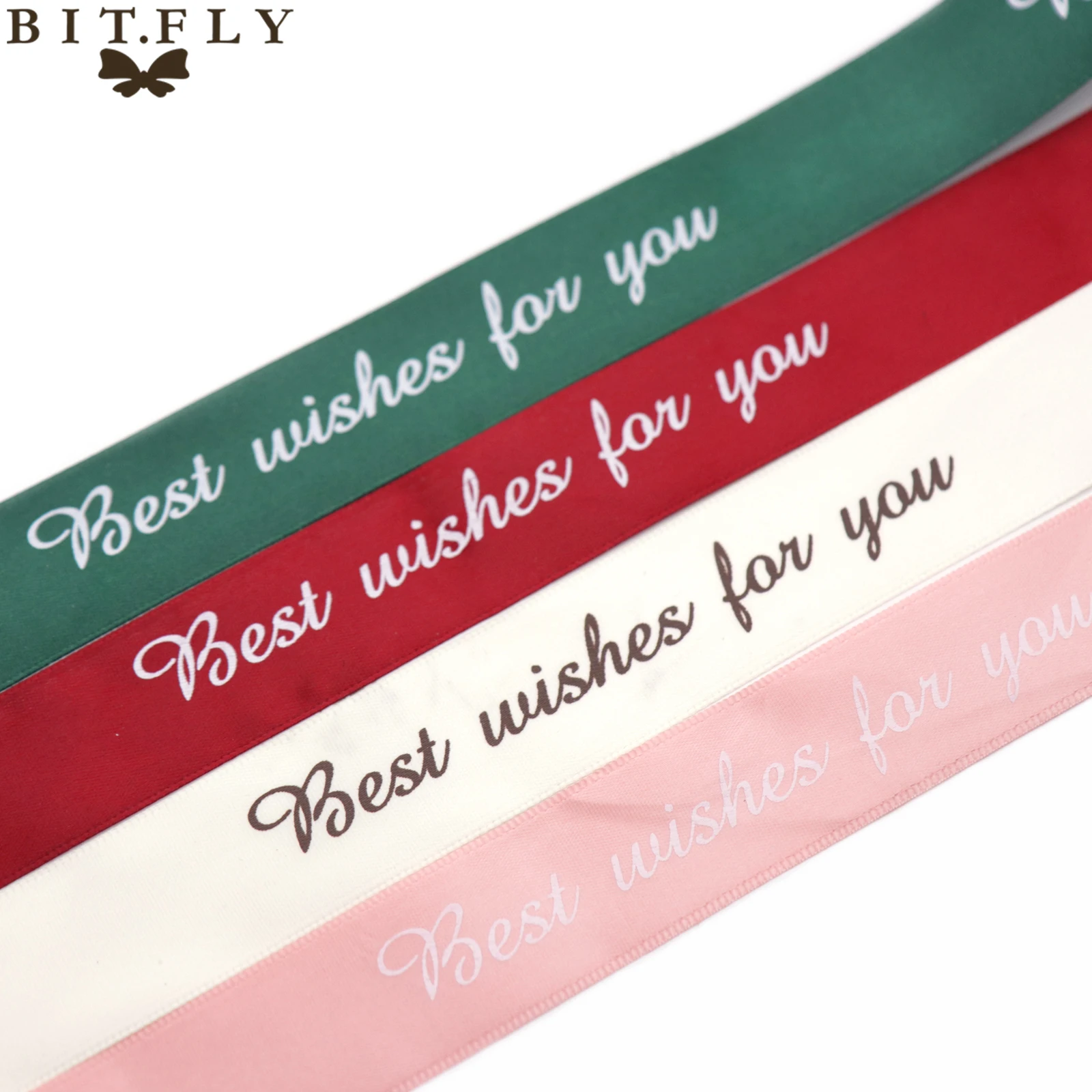 Лента для упаковки в подарок BIT. FLY 25 мм 10 ярдов с принтом надписью Best Wish Grosgrain